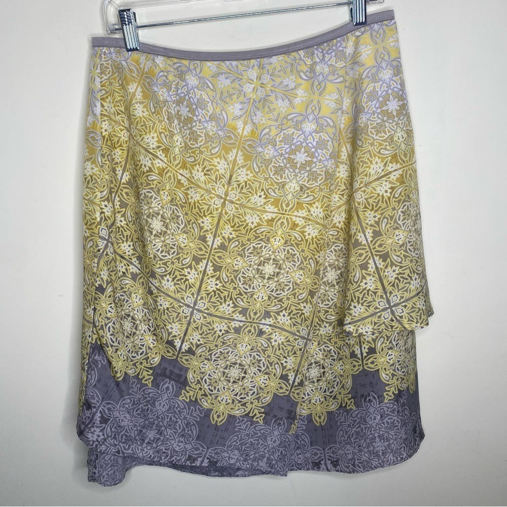 Nic+Zoe Yellow Grey Medallion Print A-Line Skirt Size 10 Geometric Tile Pattern